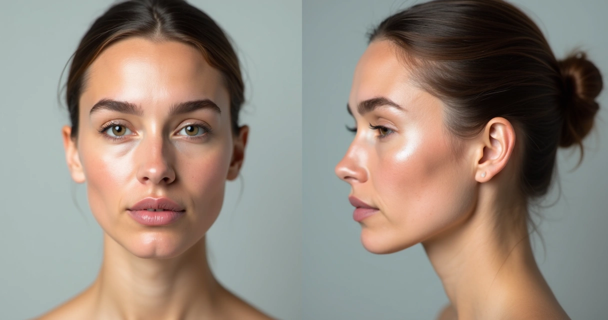 Antes e depois de preenchimento de queixo em mulher 