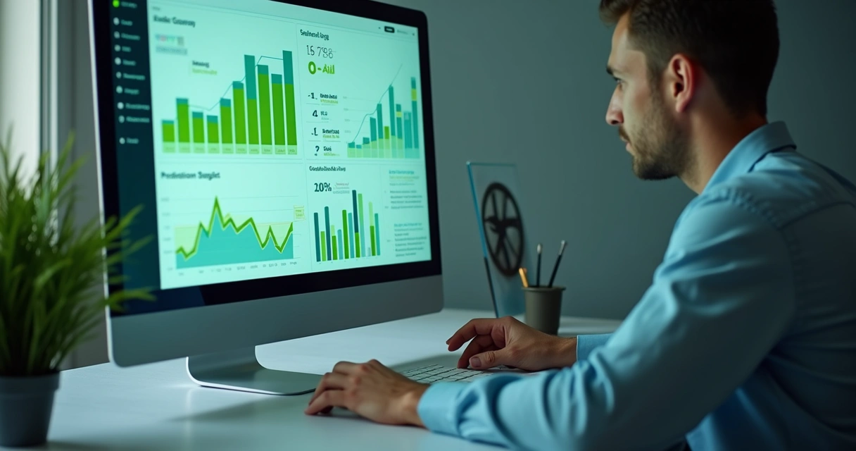 Painel digital mostrando resultados em gráficos positivos. 