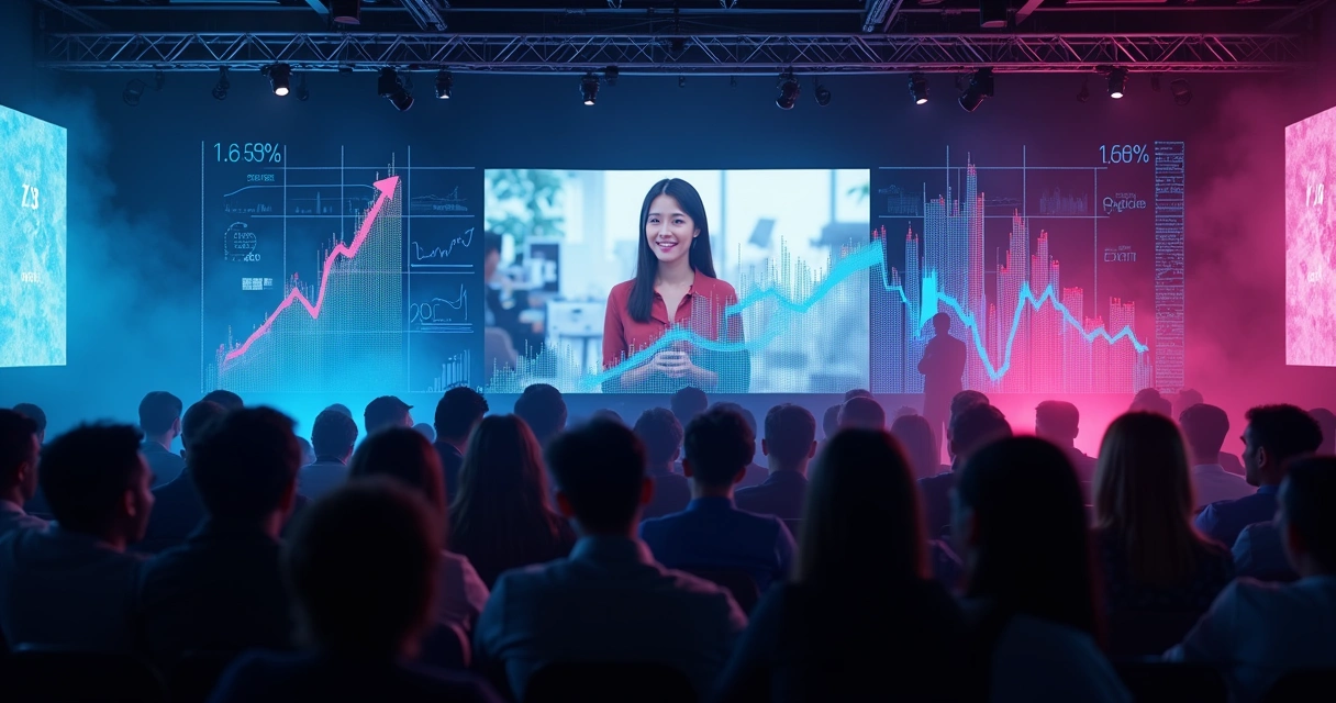 Gráficos de crescimento e reação de público a um vídeo exibido em evento 