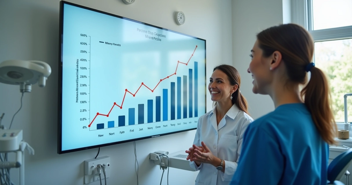 Clínica odontológica mostrando evolução em gráfico de pacientes e faturamento