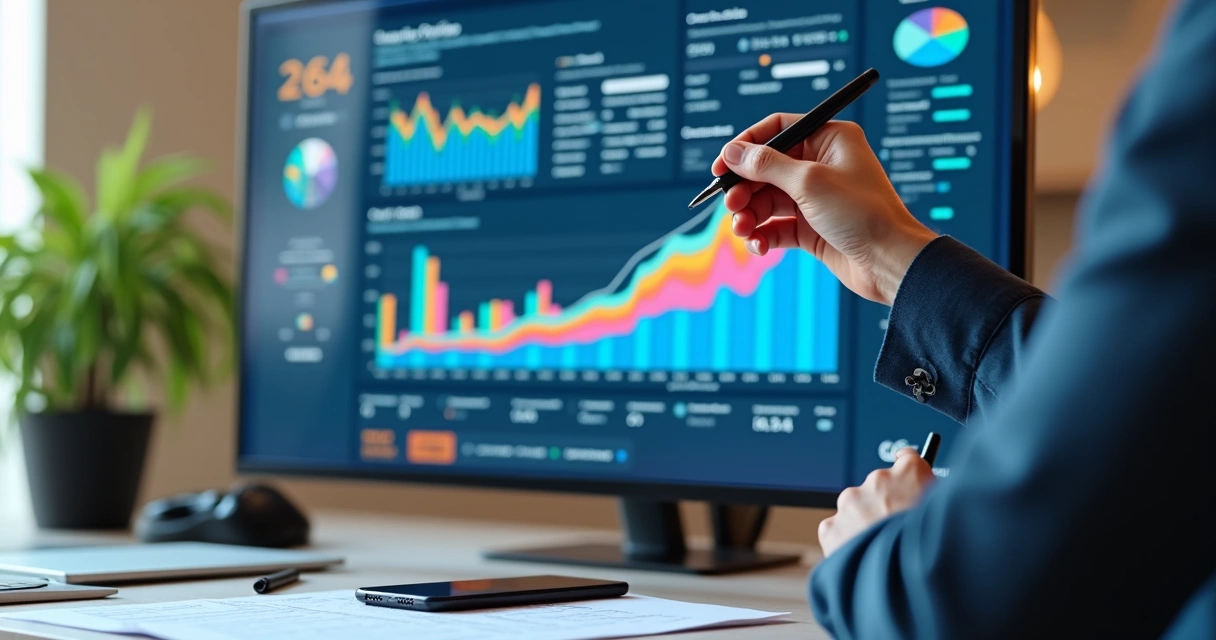 Dashboard mostrando resultados de CRM com gráficos coloridos 