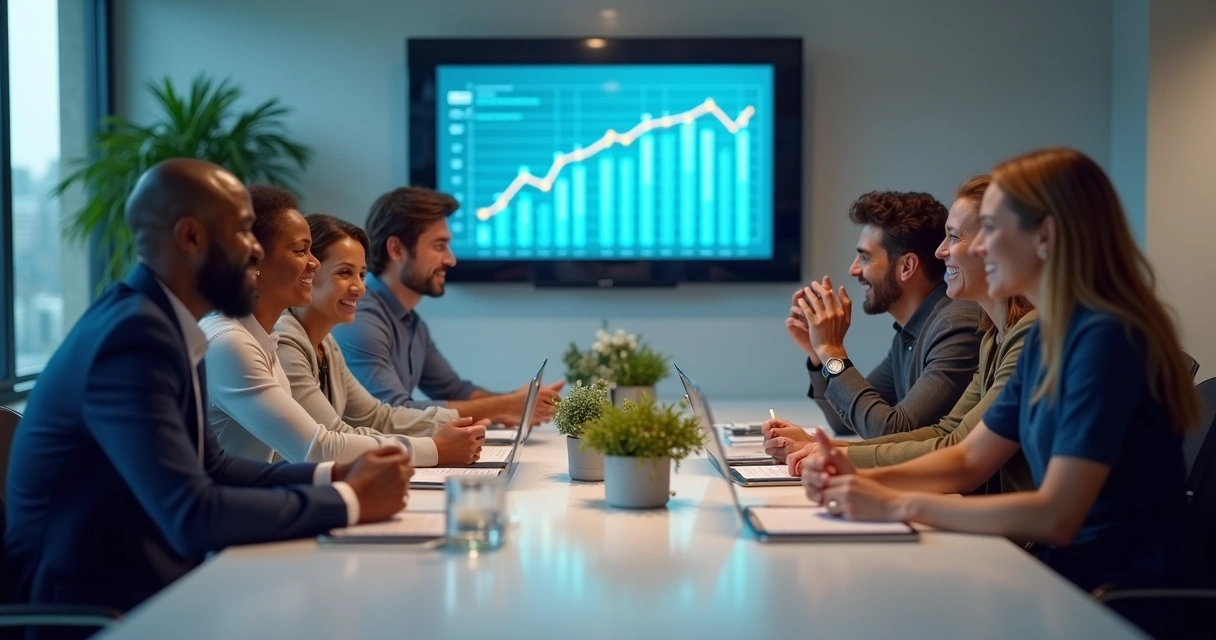 Equipe em reunião comemorando resultados digitais positivos 