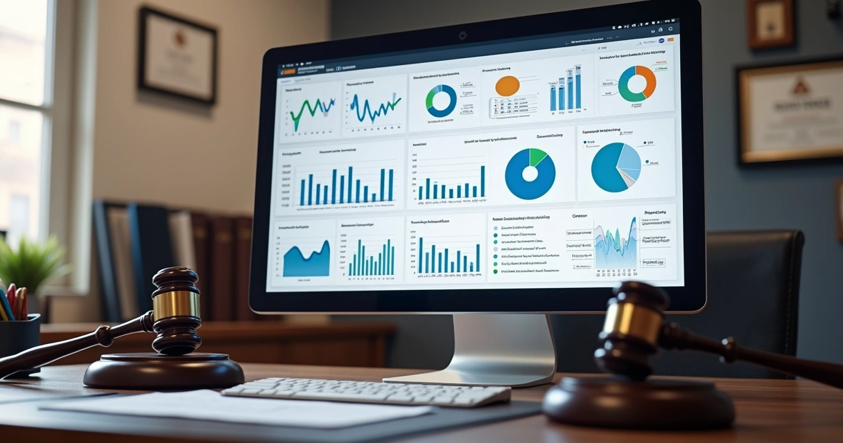Tela de computador exibe gráficos de desempenho jurídico 