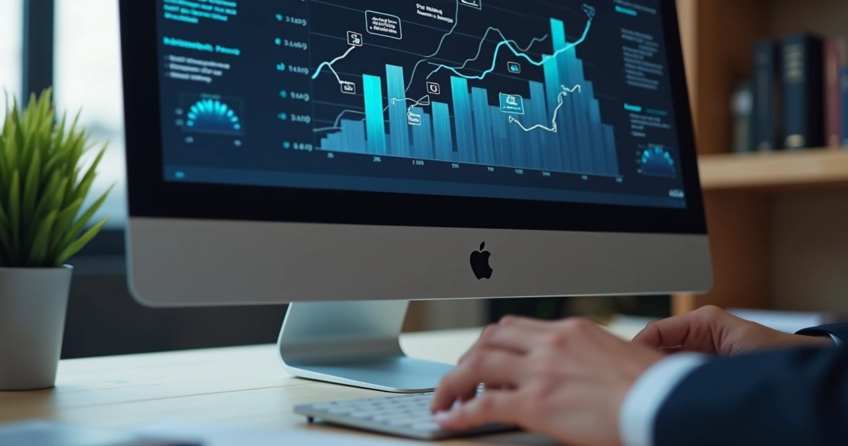 Gráficos legais ascendentes em computador com mão digitando teclado 