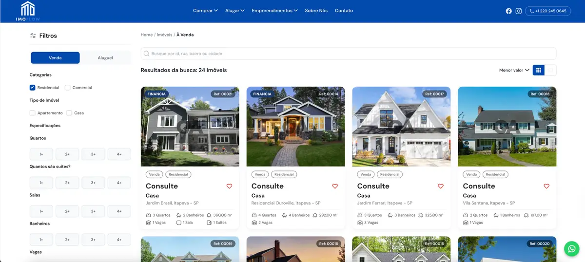Página de resultados de imóveis residenciais à venda no site ImoFlow com fotos e detalhes das casas em Itapeva SP
