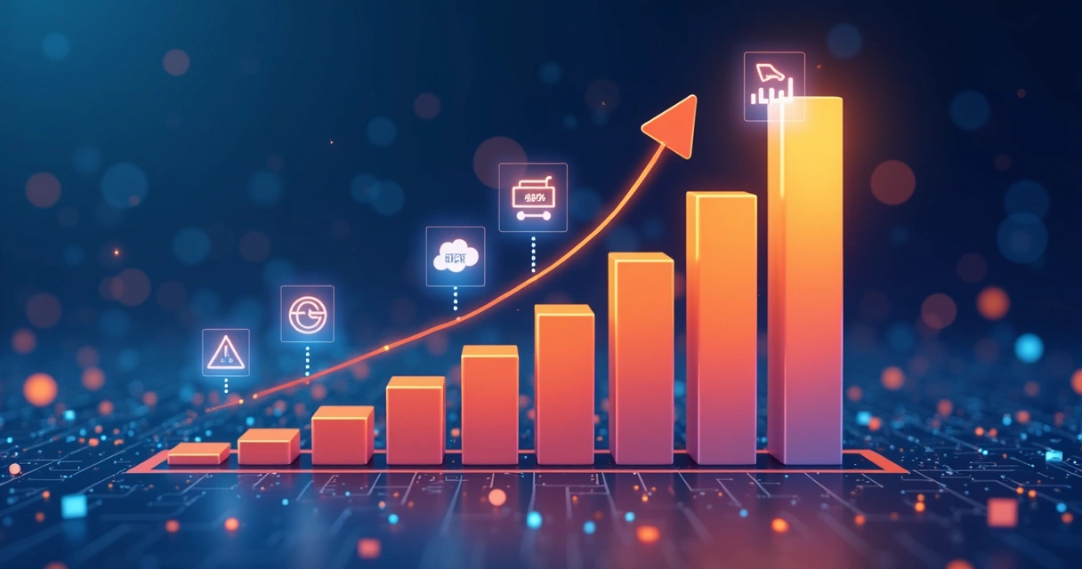 Gráficos digitais animados com barras de vendas subindo e notificações de IA 
