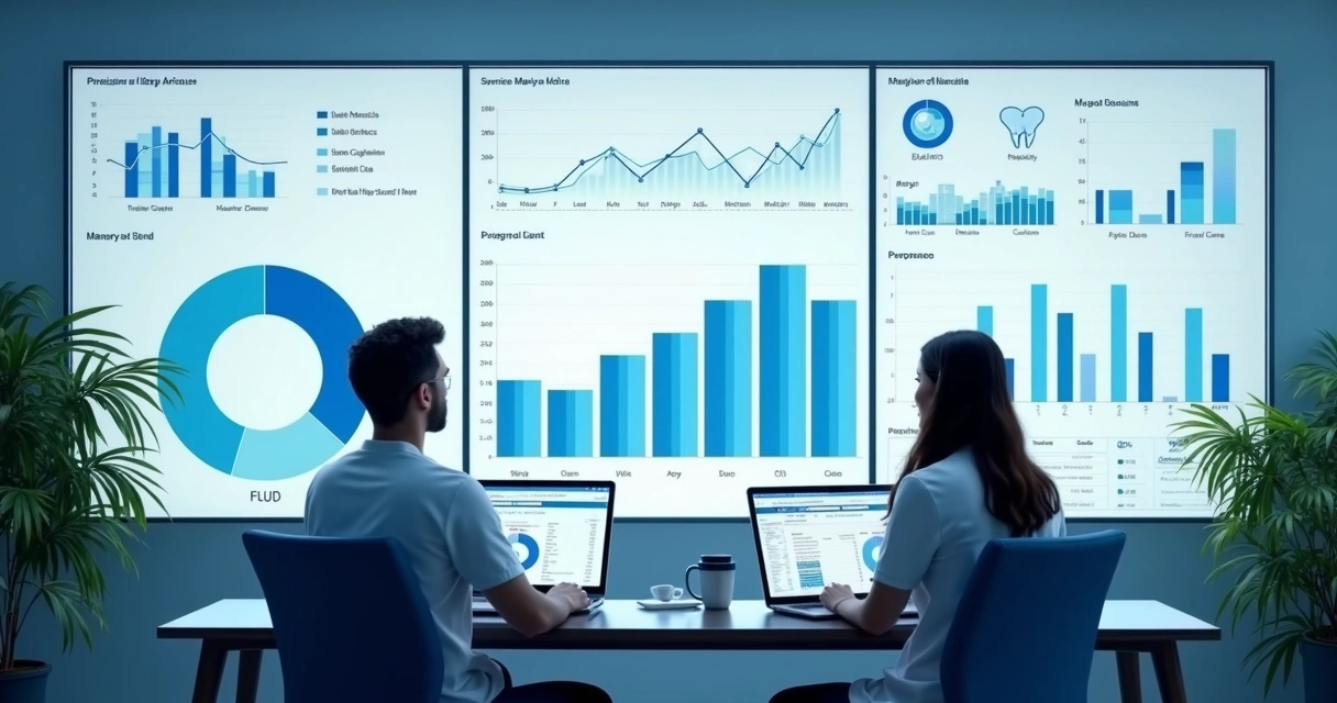 Painel mostrando gráficos de crescimento em clínica odontológica 