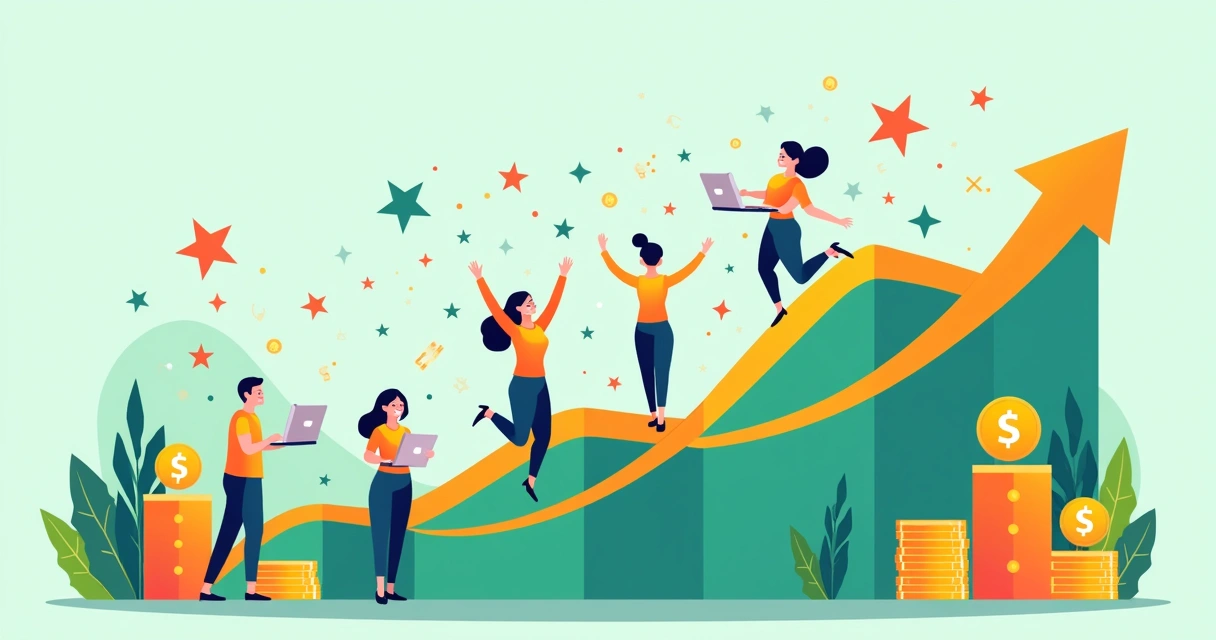 Evolução rápida de vendas representada em gráfico com setas para cima 