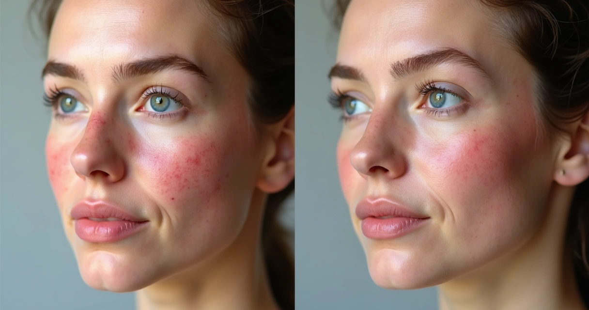 Resultados antes e depois de paciente com rosácea tratado com luz pulsada 