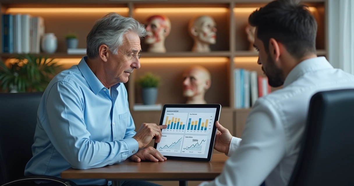 Homem analisando resultados de tratamento sexual no consultório 