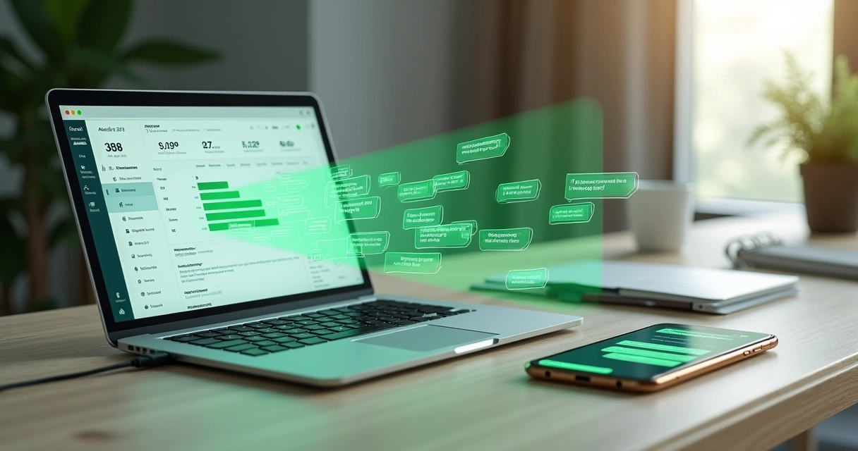 Dashboard com resumos automáticos ao lado de celular com grupo do WhatsApp na tela 