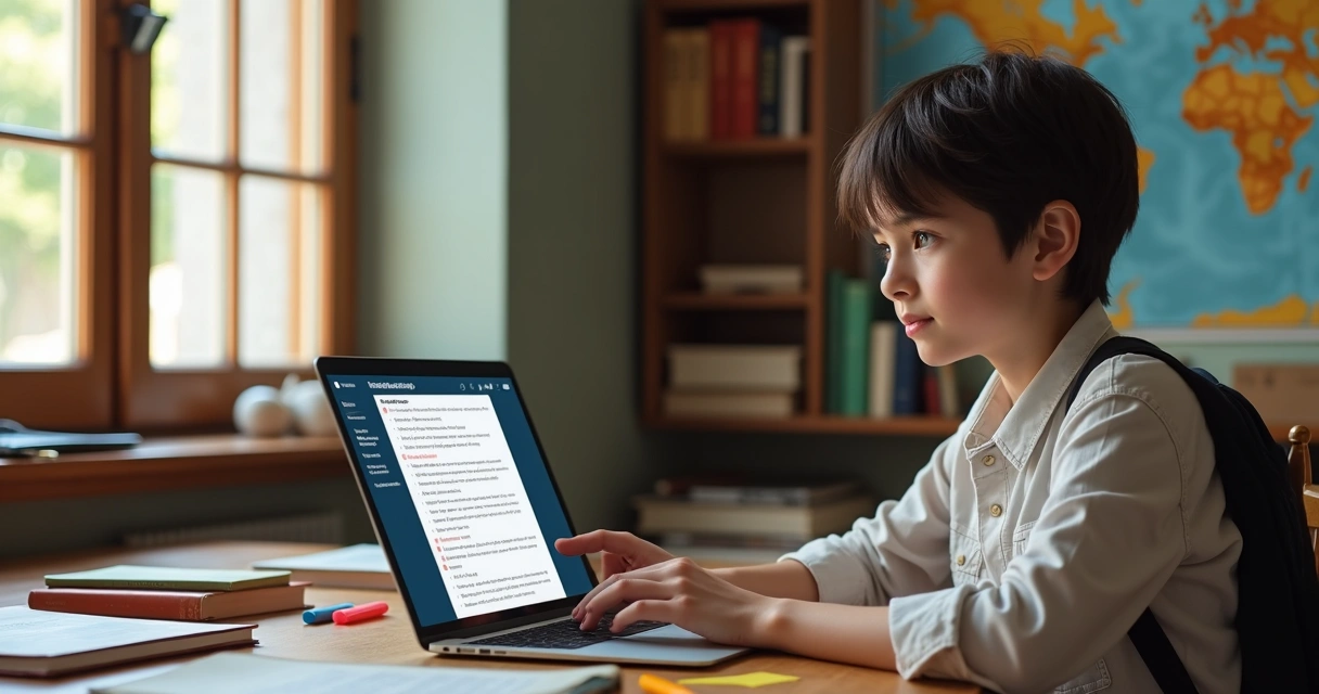 Estudante utilizando computador para fazer resumo de ciências humanas 