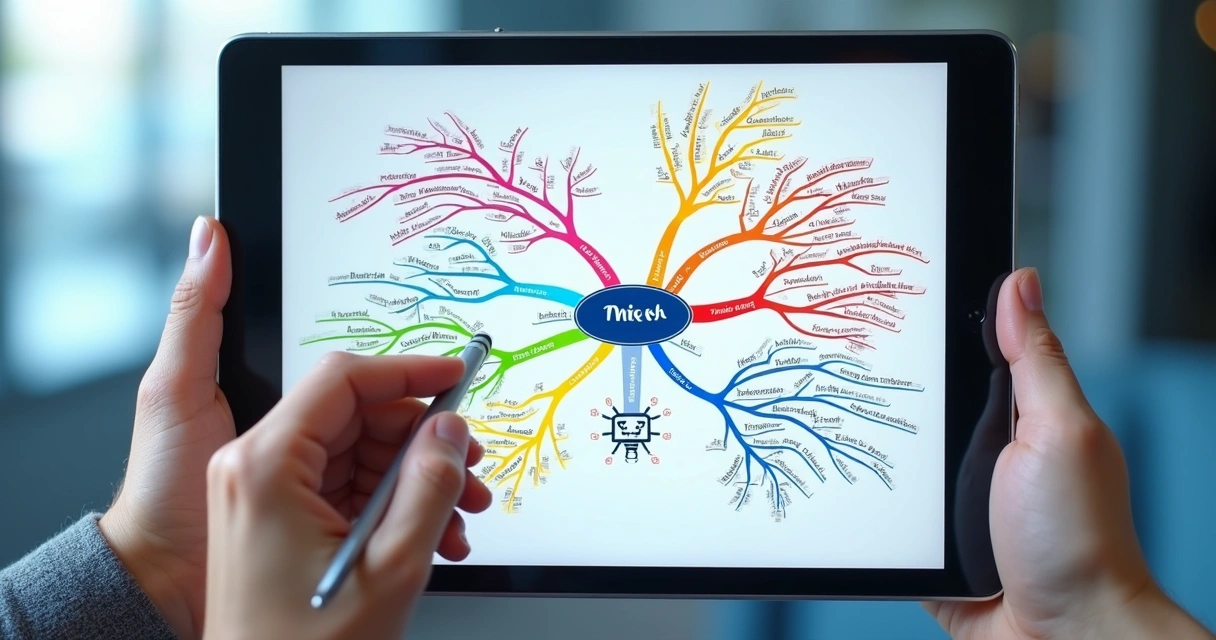 Mapa mental digital com tópicos interligados e cores vivas 