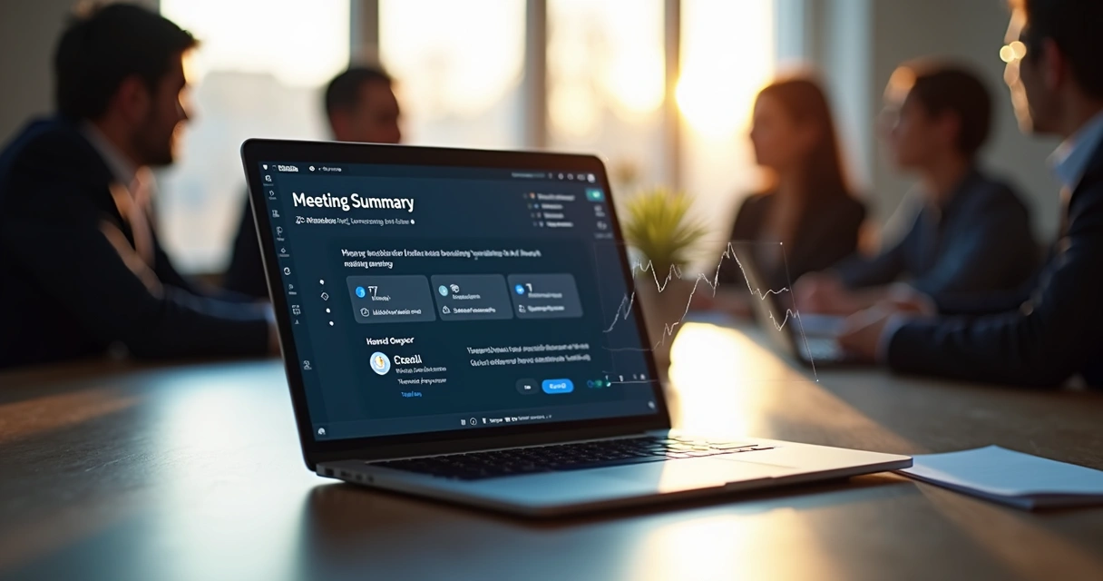 Resumo automatizado de reunião sendo exibido em notebook 