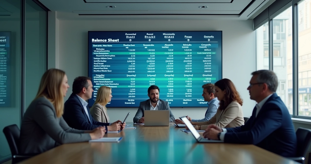 Exemplo de resumo do balanço patrimonial em grande tela digital 