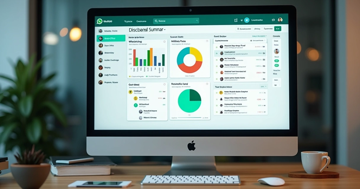 Tela de computador exibindo um painel de resumo de conversas do WhatsApp com gráficos coloridos e tópicos chave 