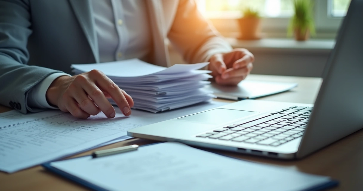 Resumo de documento extenso digital sobre mesa de gestor, papelada reduzida a tópicos em notebook.