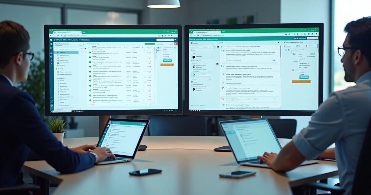 Tela dividida mostrando um canal de Slack com resumos e um grupo de WhatsApp com notificações corporativas