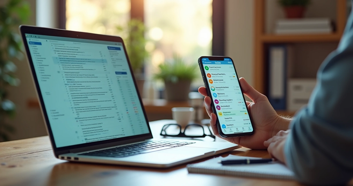 Profissional segura celular com resumo de e-mails enquanto notebook mostra caixa de entrada cheia 