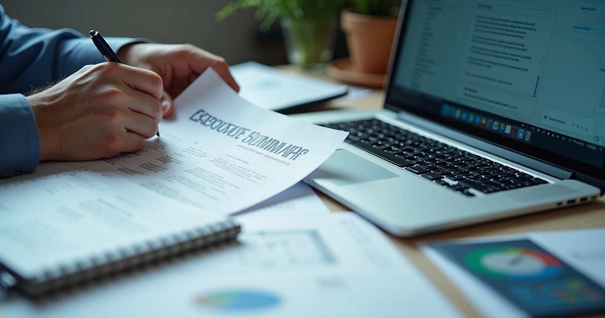 Resumo executivo de proposta comercial sendo revisado em notebook 