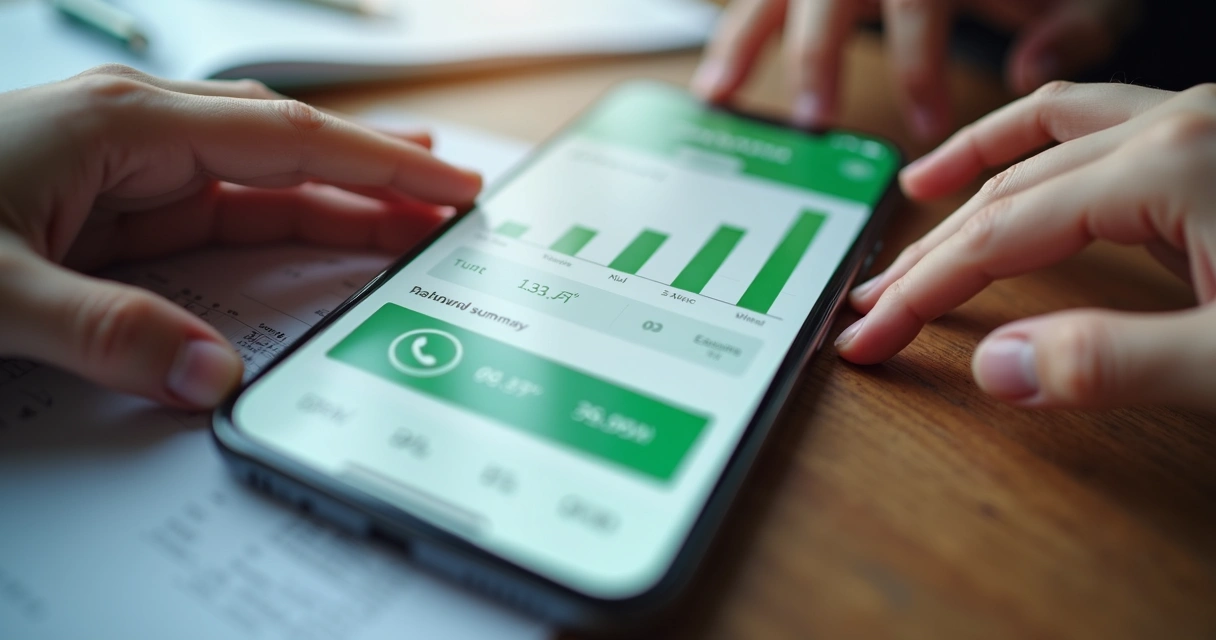 Resumo financeiro exibido em smartphone, a partir de áudios enviados no WhatsApp. 