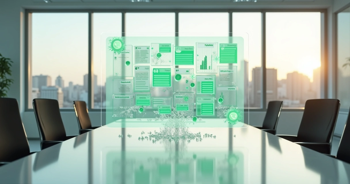 Quadro transparente agrupando mensagens de grupos do WhatsApp em tópicos em um escritório moderno 
