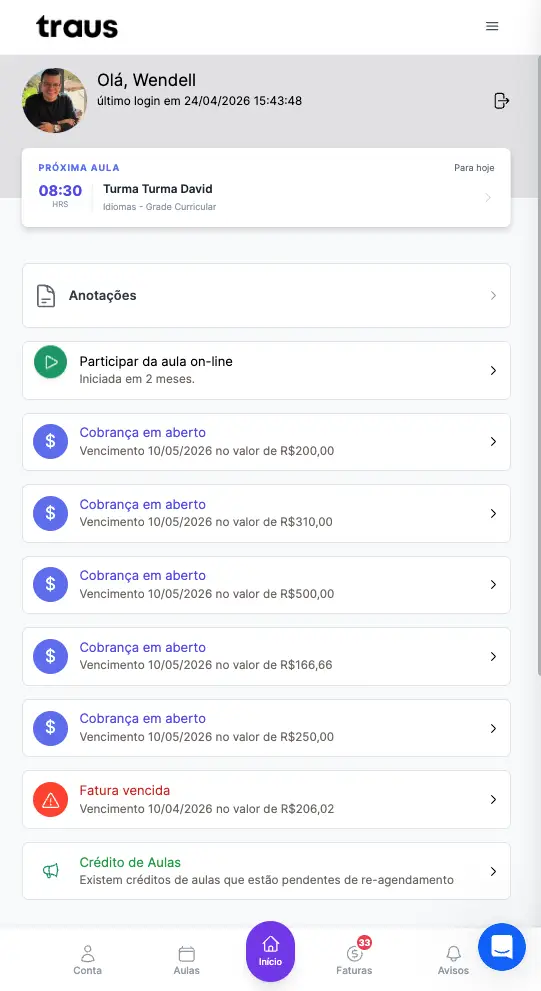Tela inicial do sistema Traus mostrando resumo de aulas, cobranças em aberto e faturas vencidas