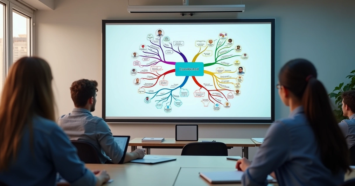 Mapa mental colorido apresentado em uma tela com alunos observando