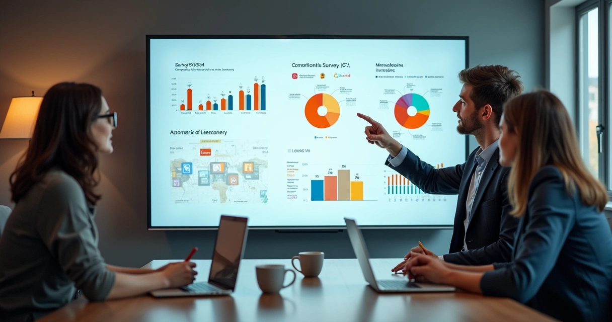 Equipe analisando resultados de pesquisa de marca em lousa digital 