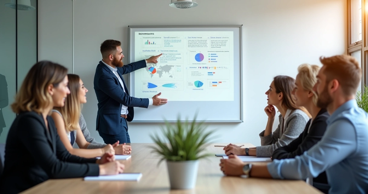 Pessoa apresentando resumo de reunião em quadro branco