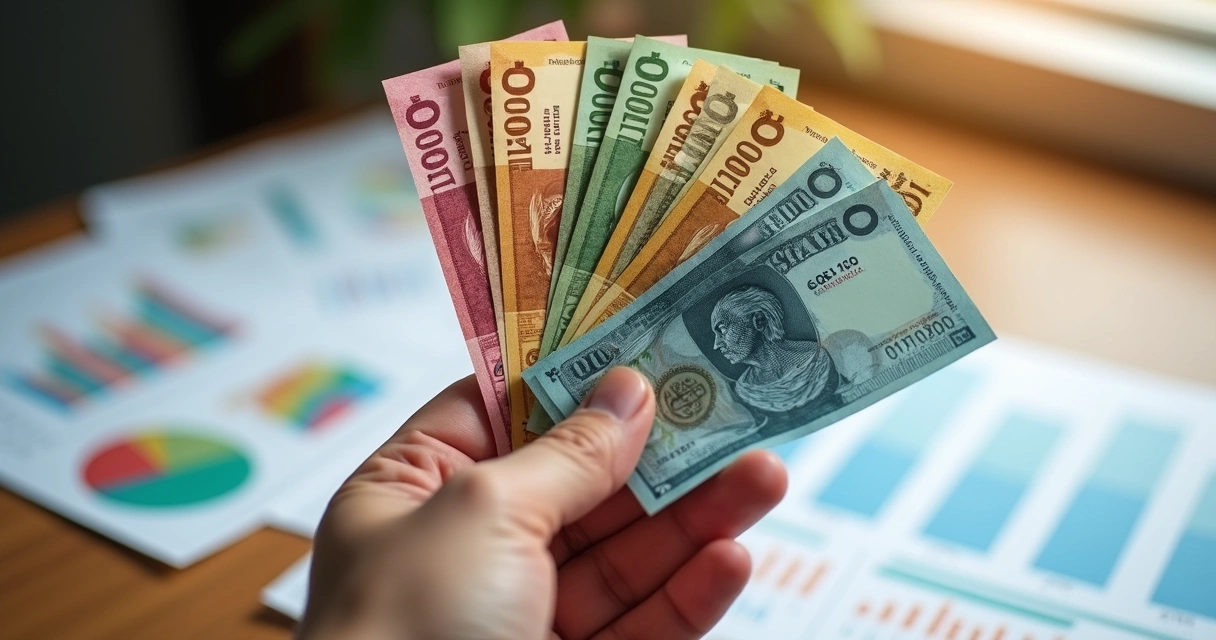 Representação realista de uma mão segurando vários títulos de capitalização coloridos sobre uma mesa com gráficos financeiros ao fundo 