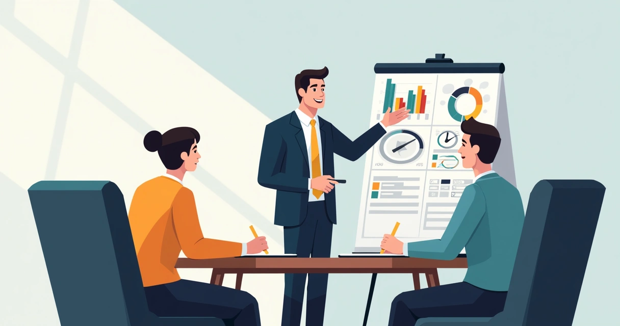 Empresário apresentando ponto decisivo de proposta em sala de reunião, cliente ouvindo atento, quadro de resultados ao fundo.