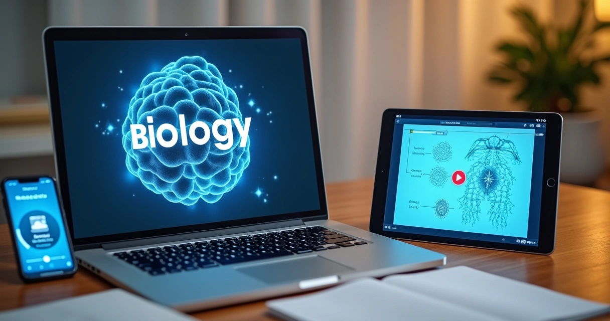 Notebook exibindo resumo digital, ao lado de celular tocando áudio de estudo e tablet com vídeo de biologia 