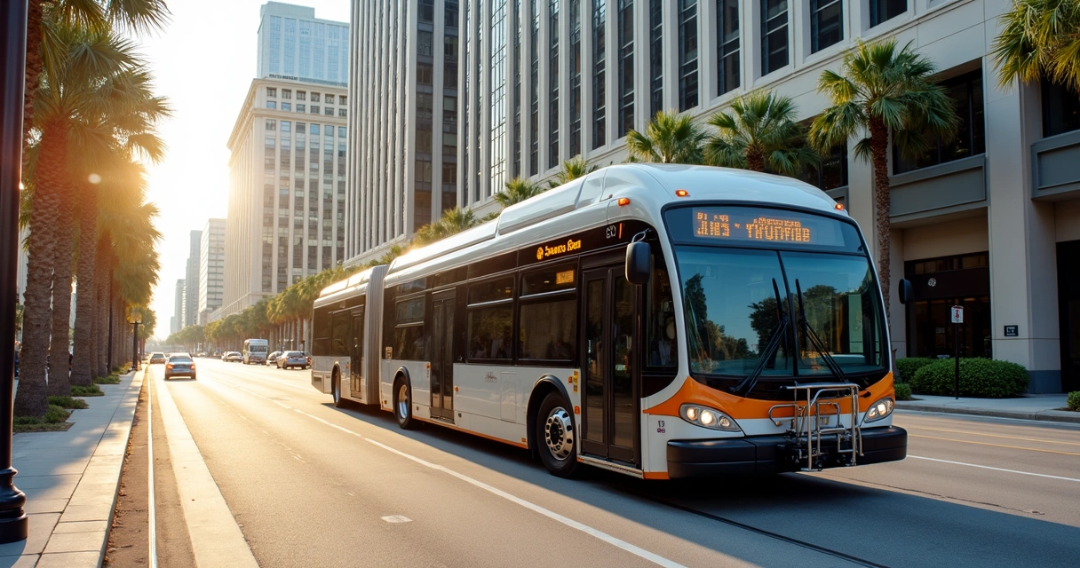 Ônibus público urbano na rua larga do centro de Orlando, com poucos passageiros 