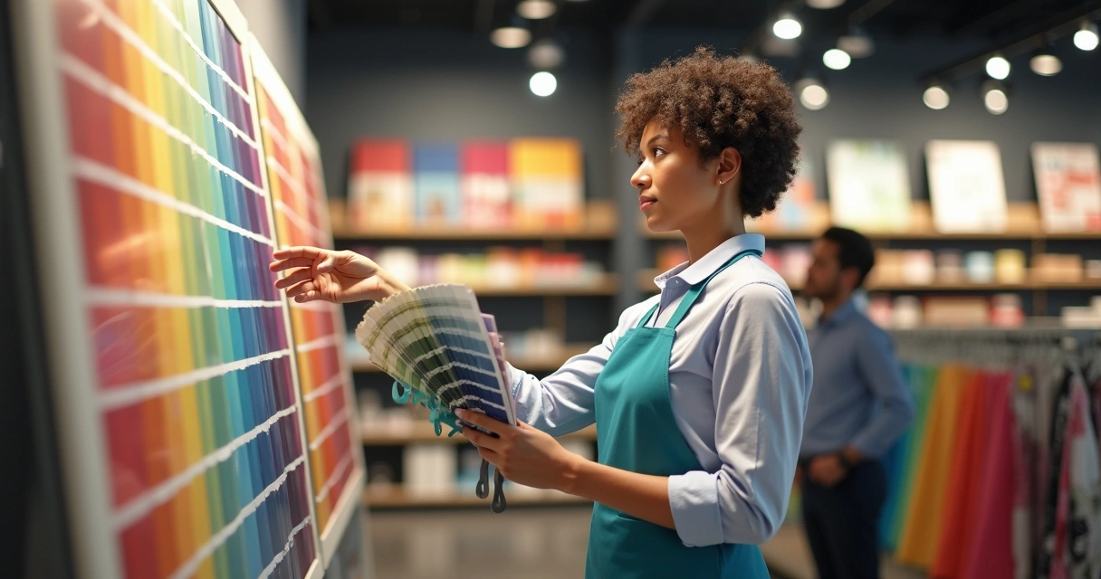 Color consultant reviewing paint swatches in a retail store 