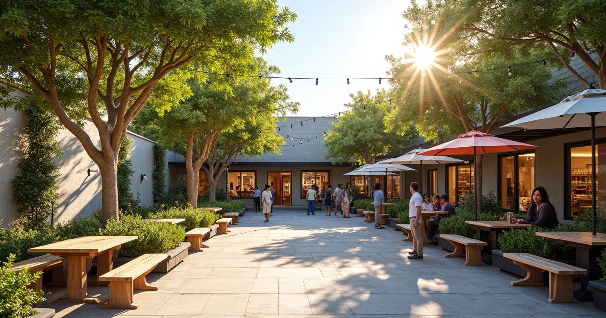 Shaded retail boutique courtyard with plants and shoppers 