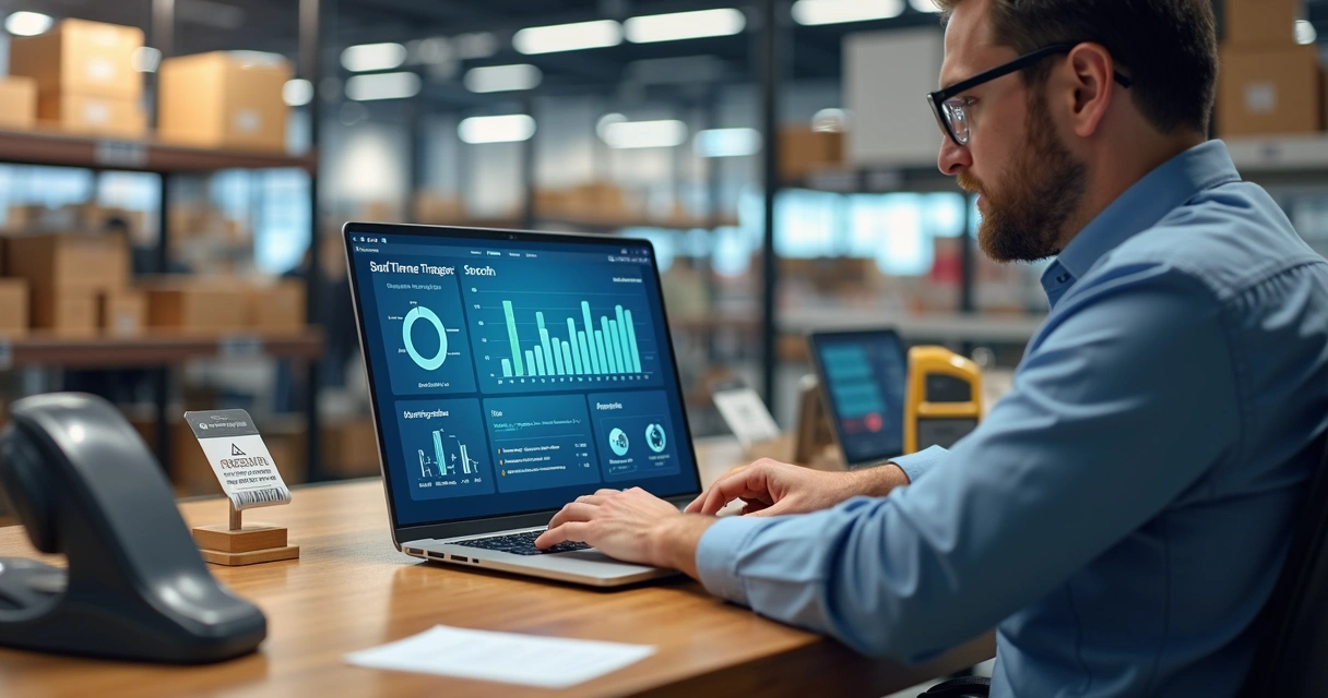 Retail manager using ERP software on a laptop with multiple digital charts and inventory icons on screen 
