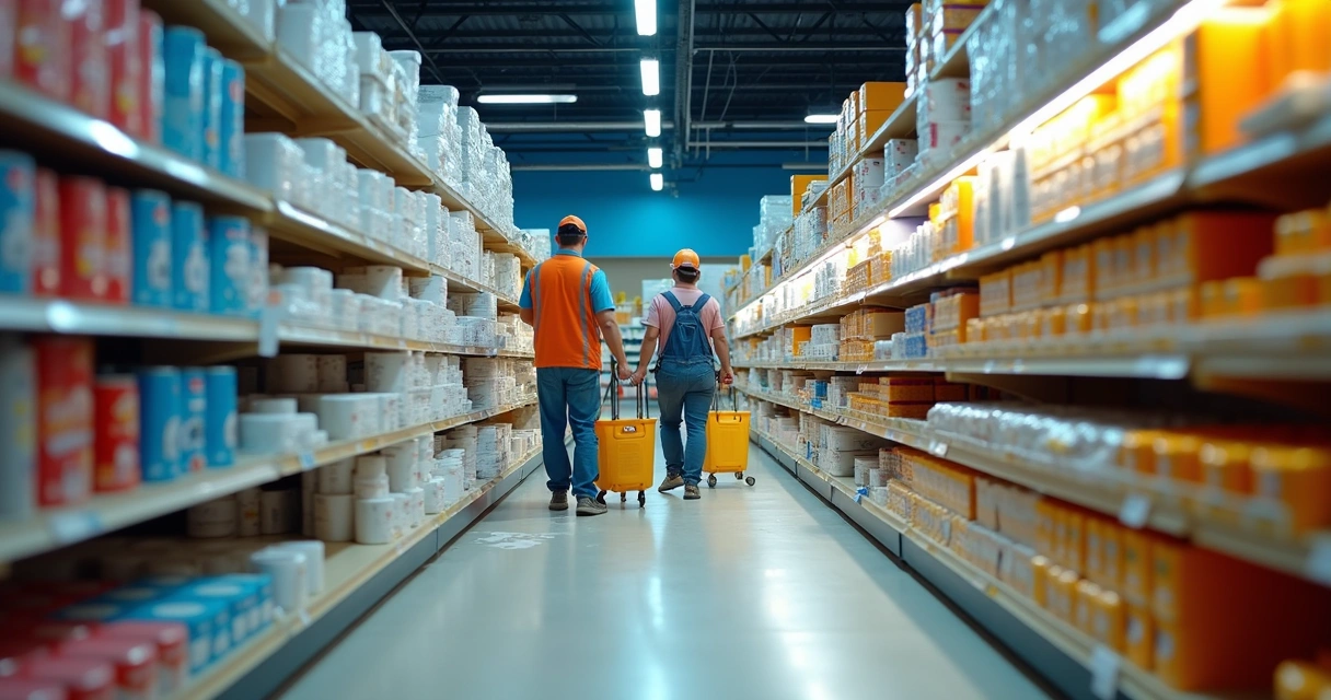 Retail store at night with painters painting walls and shelves covered 