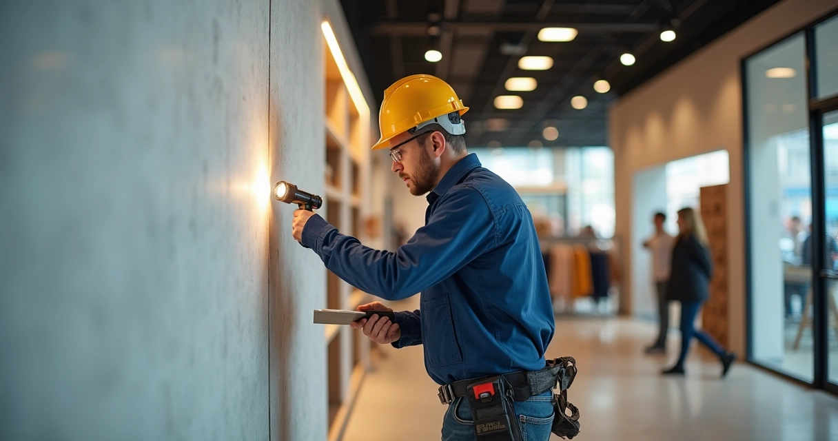 Professional inspecting retail store wall for paint preparation 