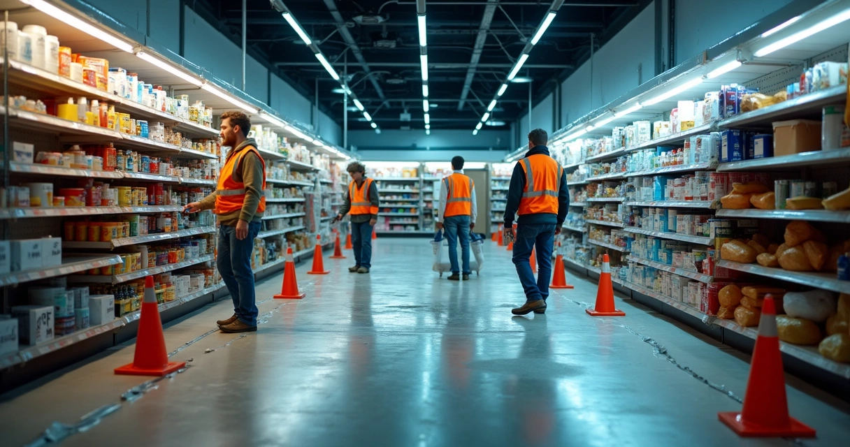Retail store prepared for night painting, safety signage visible