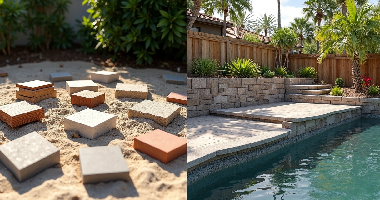 Different retaining wall materials and finished wall on sandy soil 