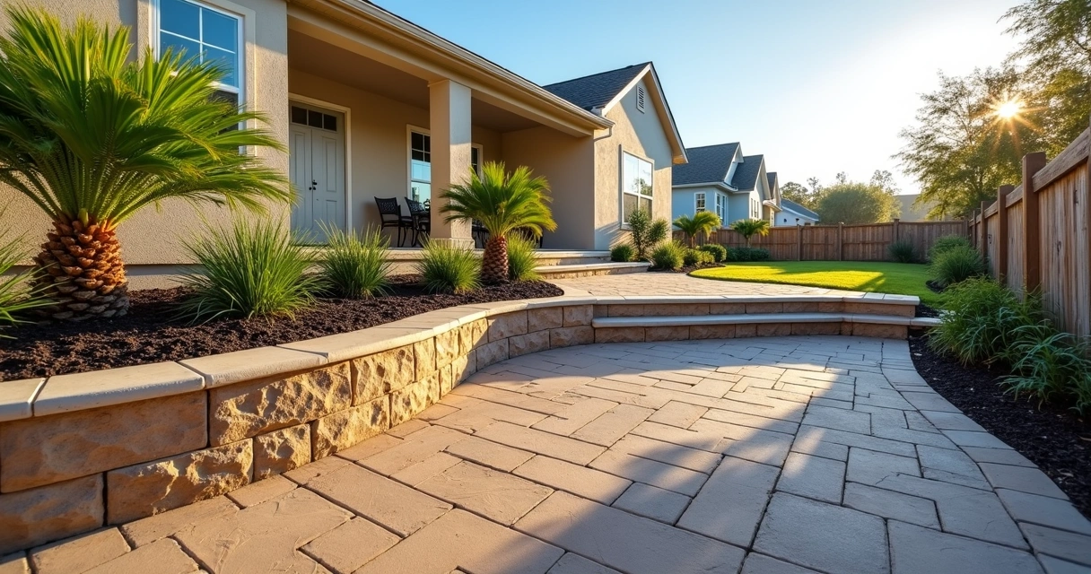 Backyard in Orlando with stone retaining wall and paver patio at sunset 
