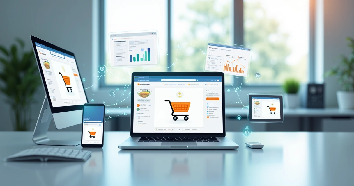 Dashboard de e-commerce com anúncios de retargeting conectando loja online e clientes em vários dispositivos 