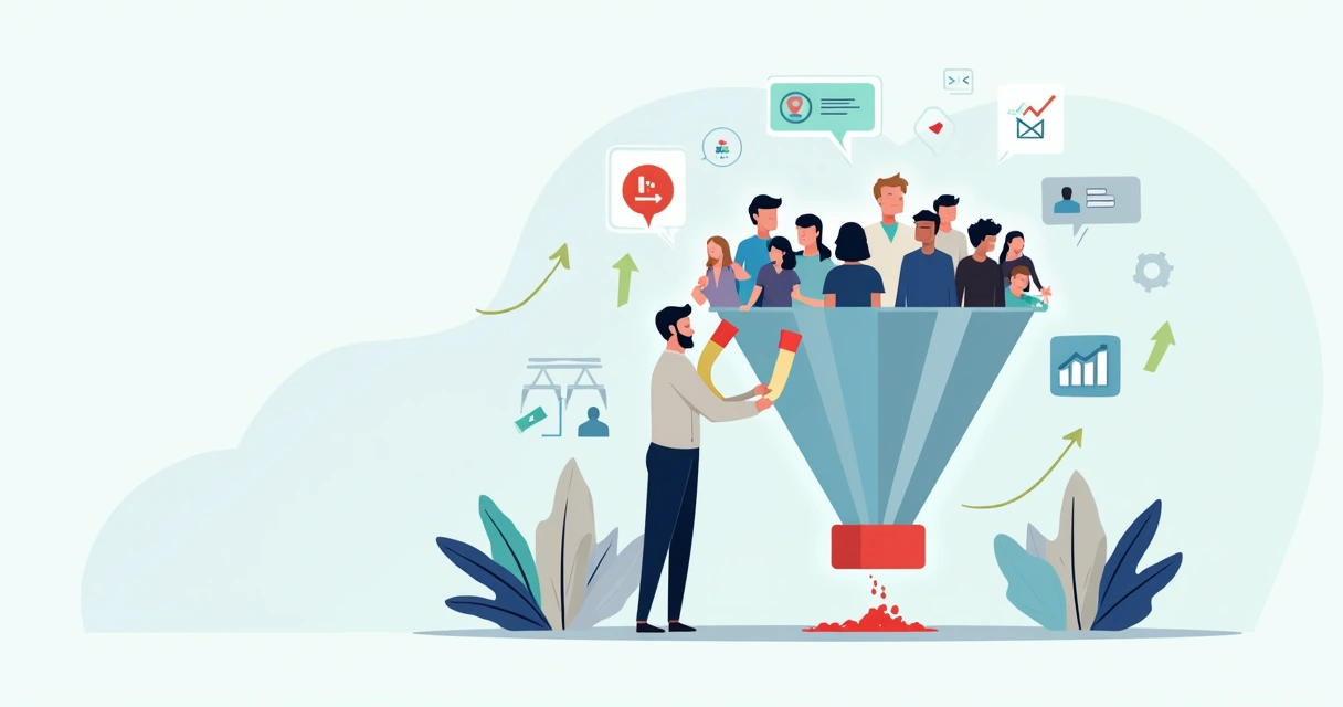 Ilustração de executivo segurando clientes conectados por laços enquanto evita perda de clientes por um funil vazando 