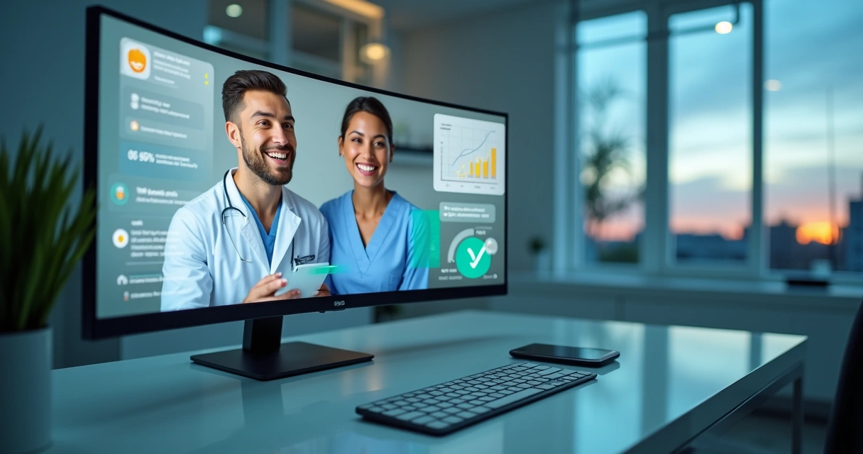 Dentista conversa com paciente em videoconferência com gráficos de retenção na tela 