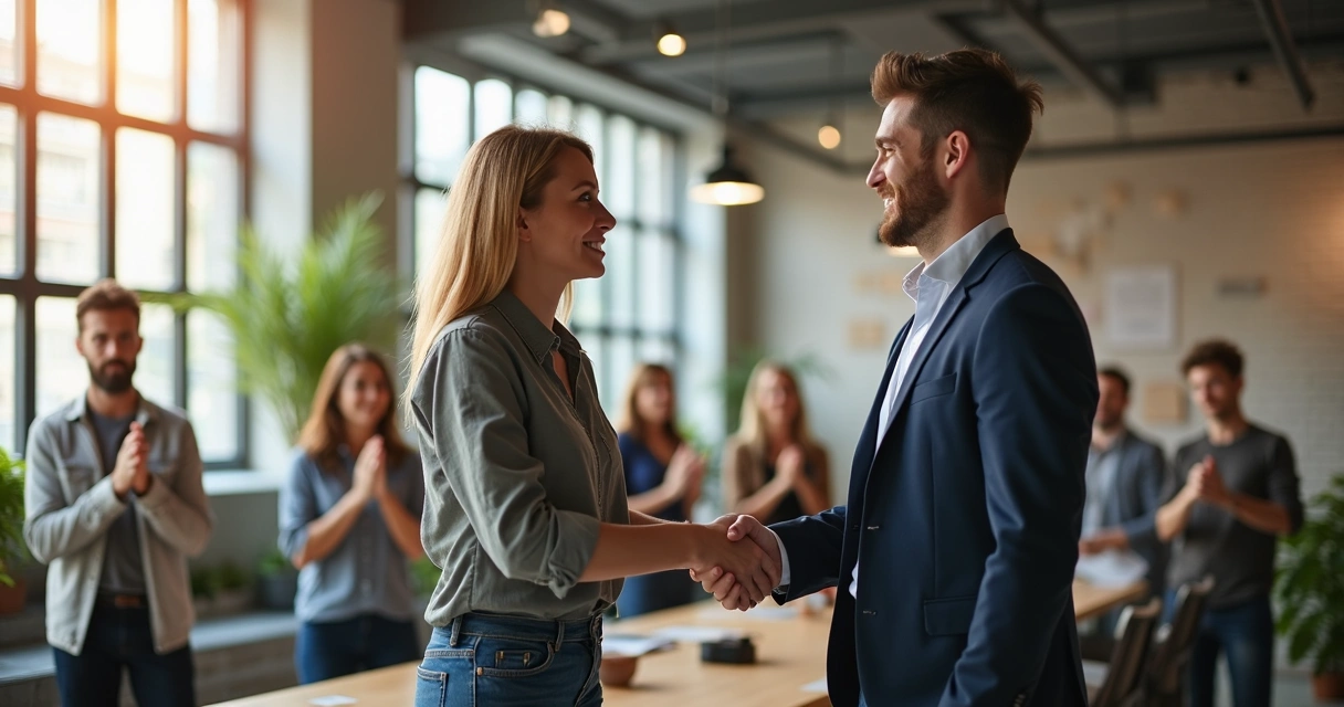 Gestor reconhecendo colaboradora em ambiente de trabalho moderno 