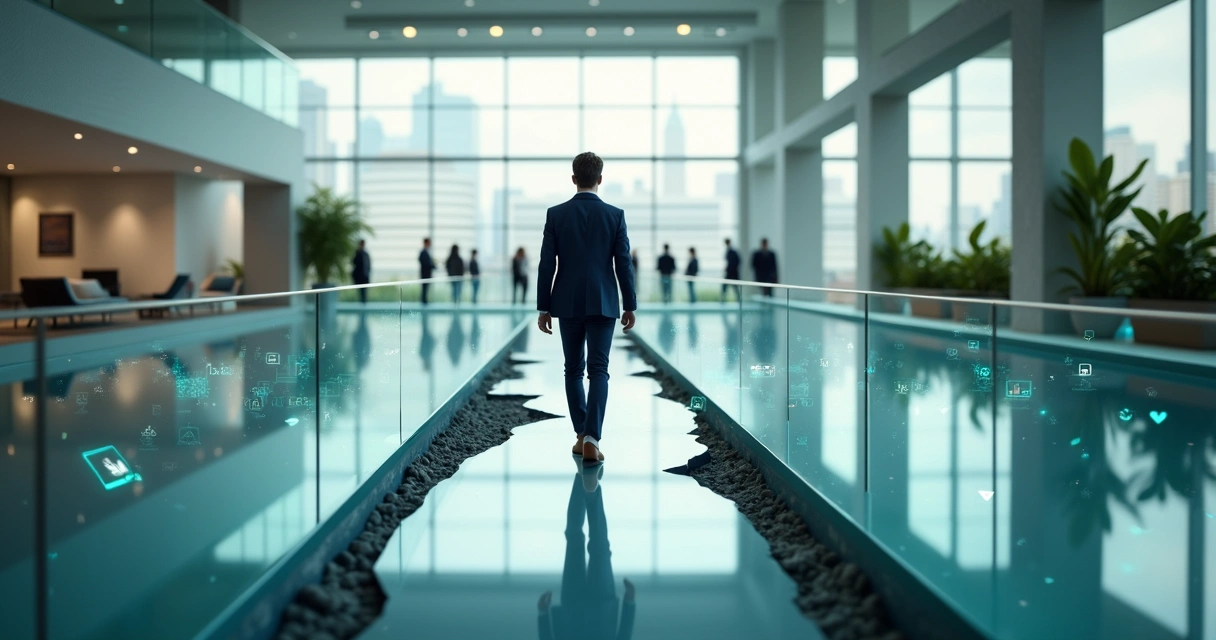 Profissional caminhando em passarela corporativa interrompida com pessoas esperando do outro lado 