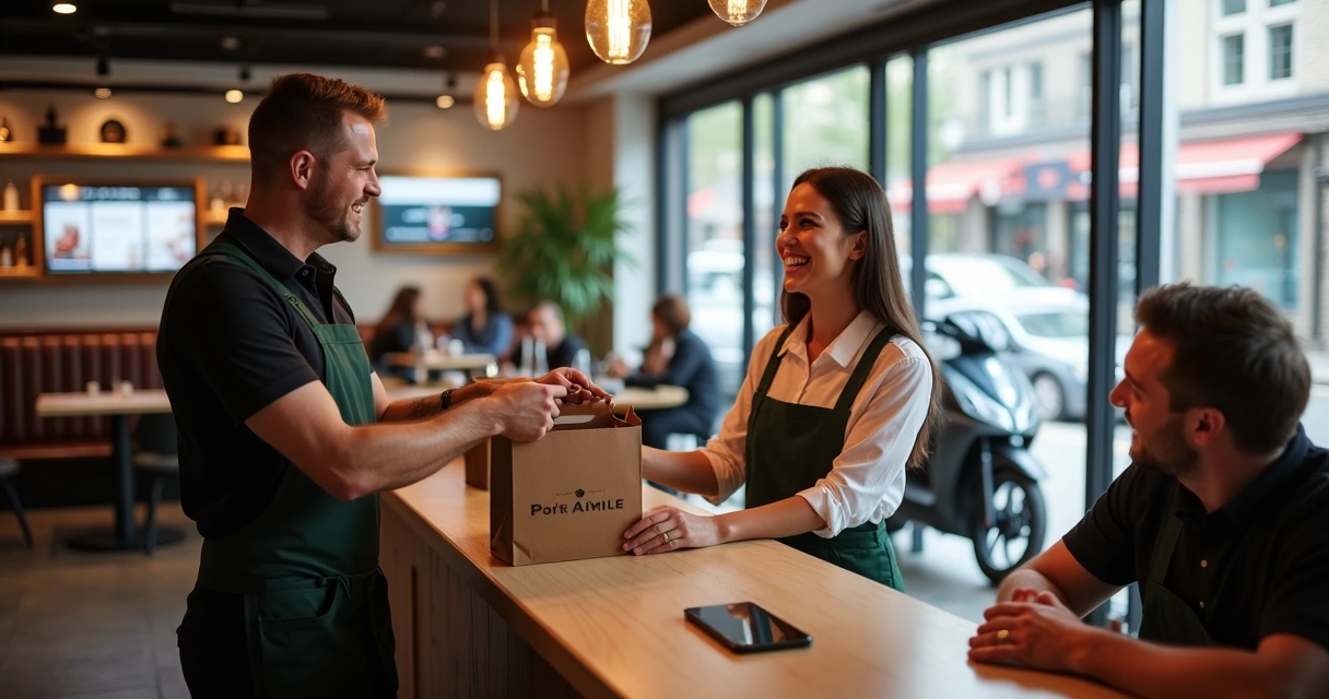 Funcionário entregando pedido para cliente em bar moderno com mesa e área de espera para retirada 