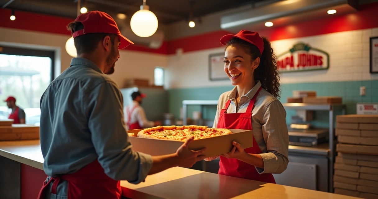 Pessoa recebendo uma pizza Papa Johns no balcão do restaurante, com caixa térmica em destaque 
