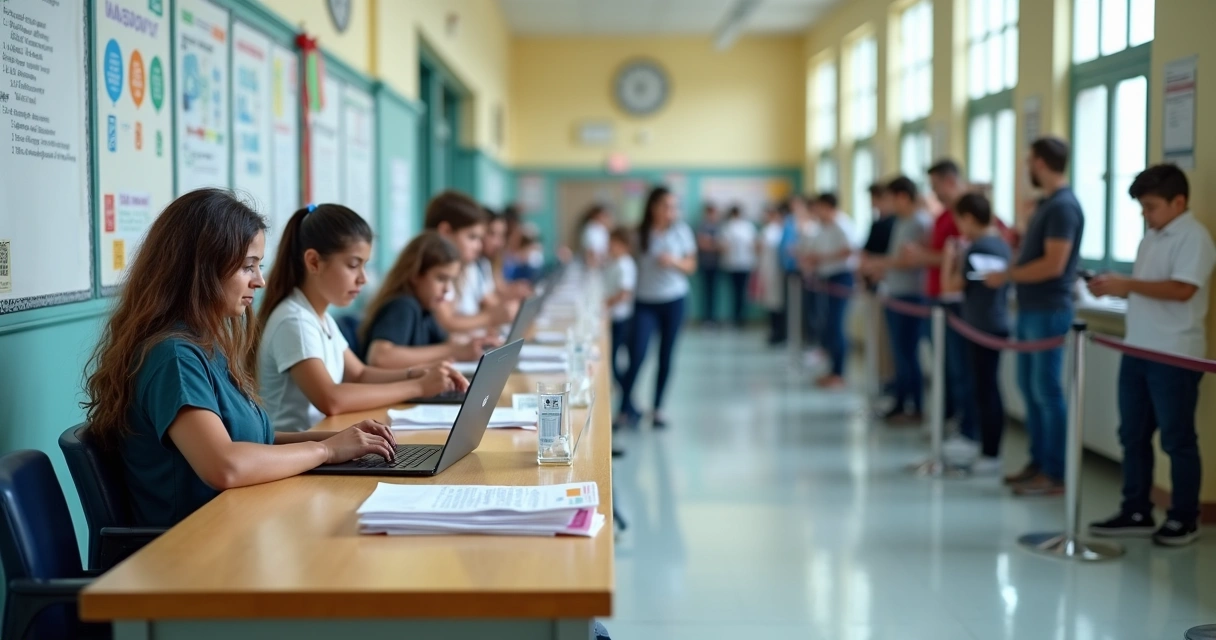 Fila organizada para retirada presencial de ingressos em escola com atendimento digital 